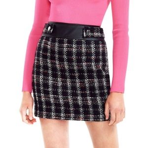 Maje Black & White Tweed Mini Skirt with Leather Waistband